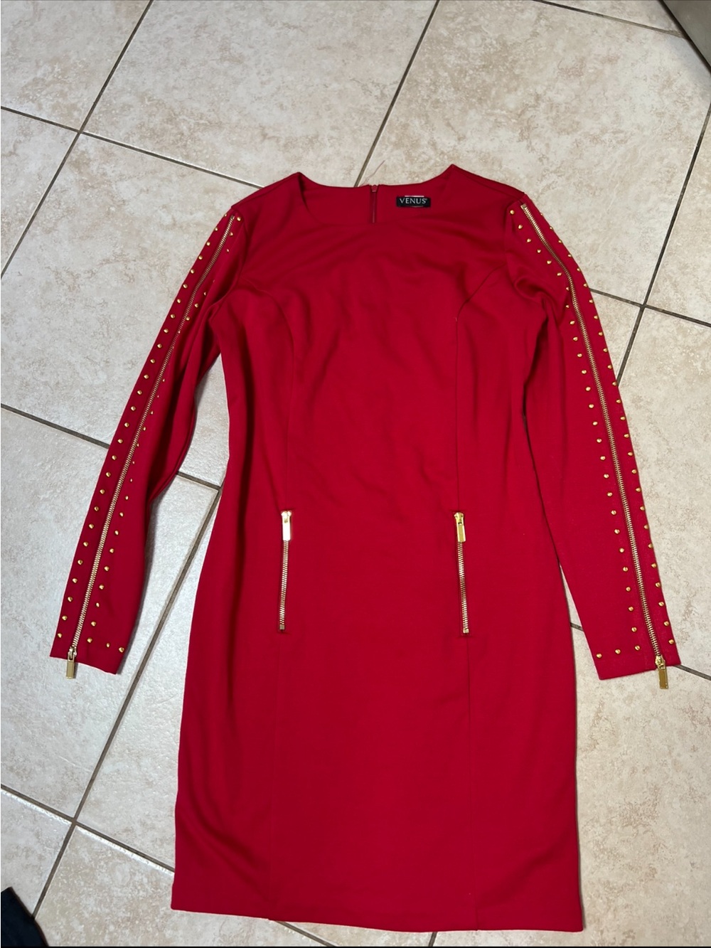 VENUS Red Long Sleeve Studded Sheath Dress with Gold Zippers